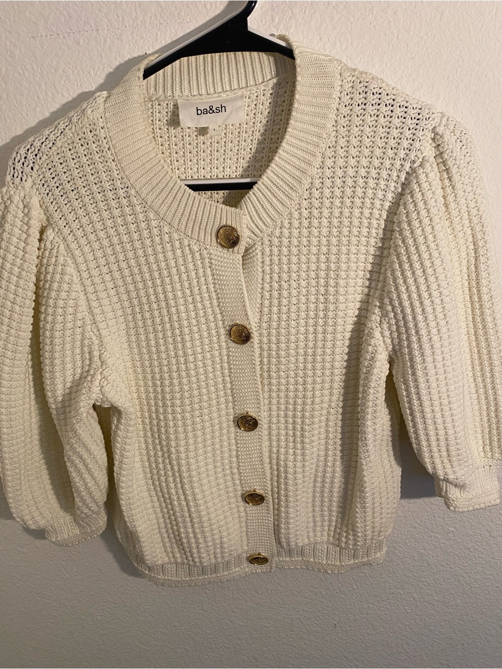 ba&sh Cream Chunky Knit Button Cardigan with Gold Buttons